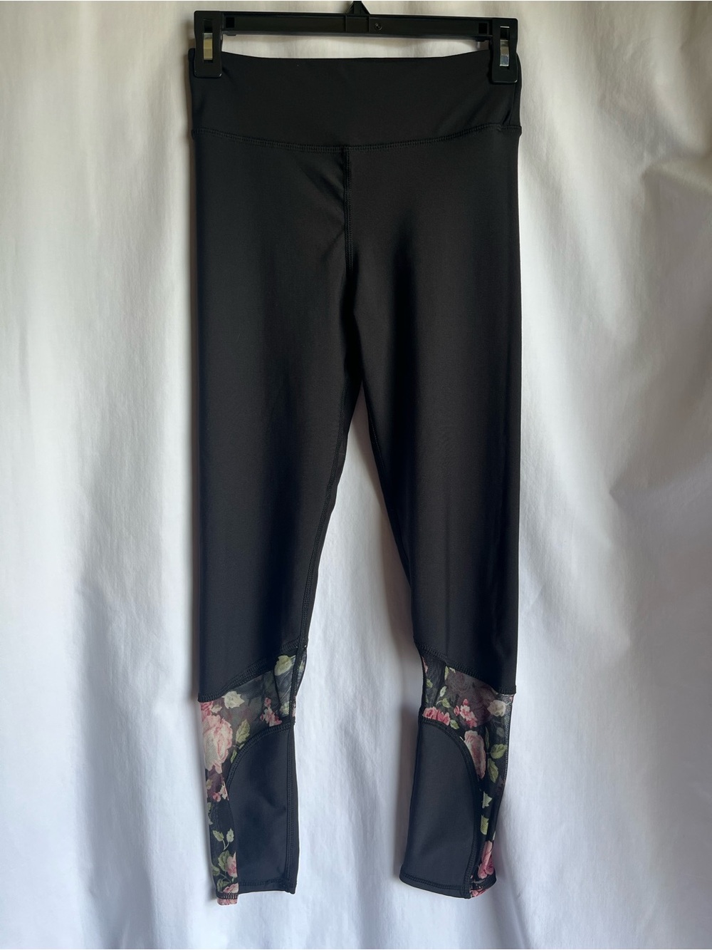 Evolution and Creation Black Leggings with Floral Mesh Panels